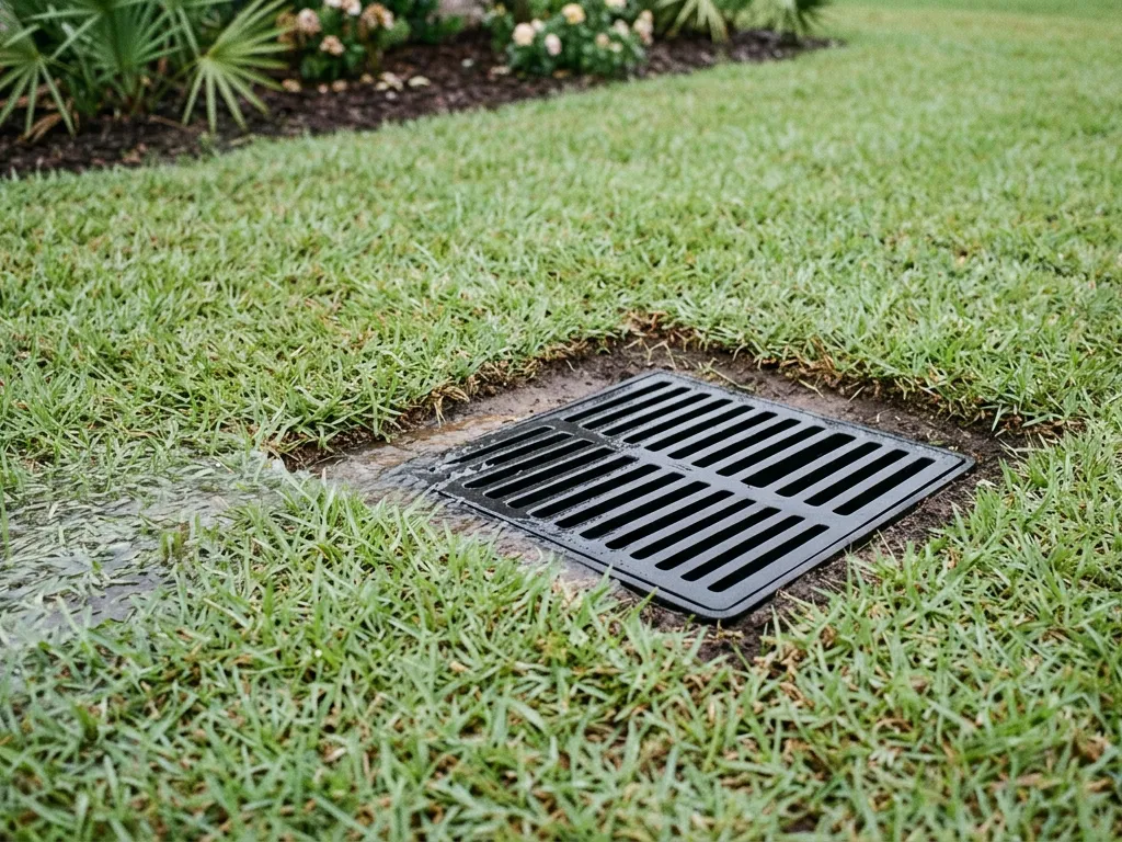 A square black catch basin grate set flush into a lawn at a low point in Tallahassee, FL, with surface water running into it