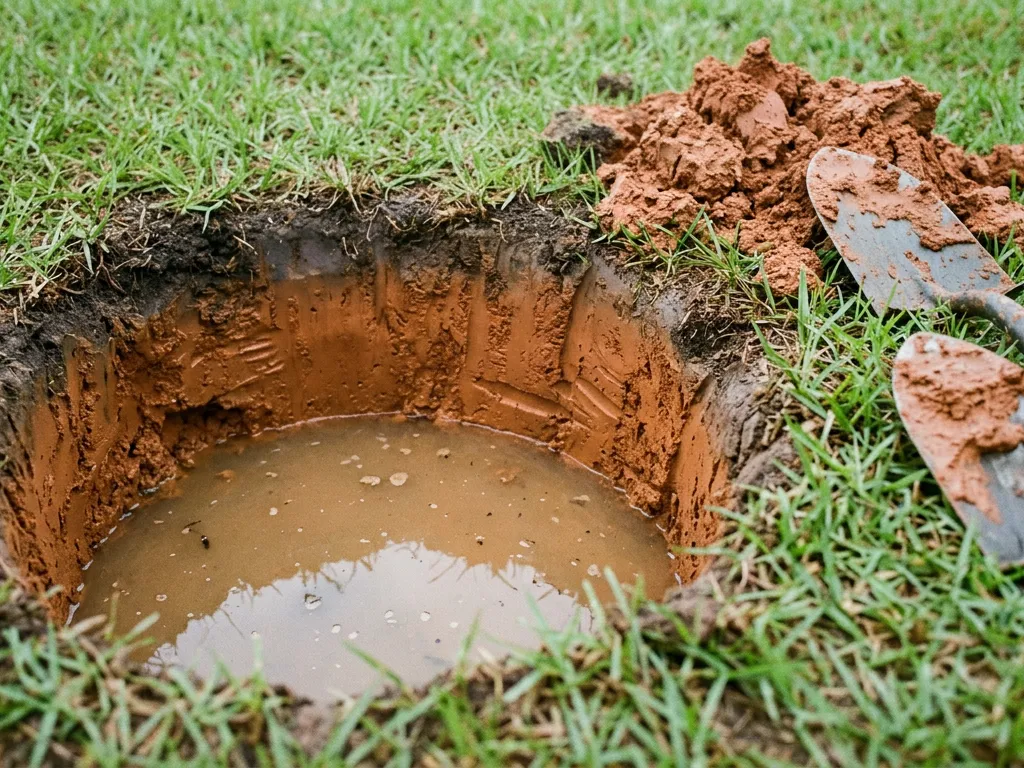 A percolation test hole dug in a Tallahassee, FL lawn, cut through topsoil into orange-red clay and still half full of standing water