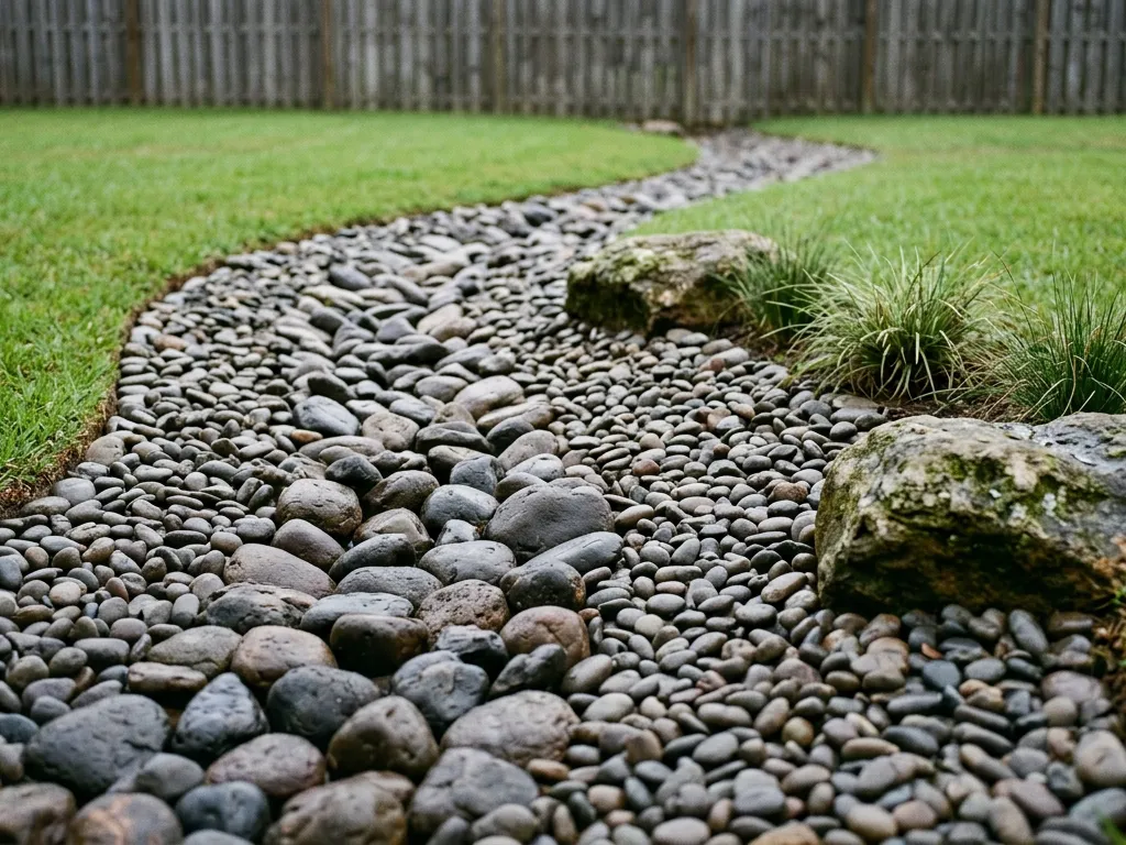 A finished dry creek bed of graded river rock curving across a residential back yard in Tallahassee, FL