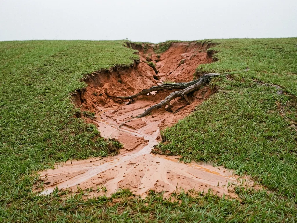 An eroded channel cut through turf on a clay slope in Tallahassee, FL, exposing orange-red clay with a silt fan spread across the grass below