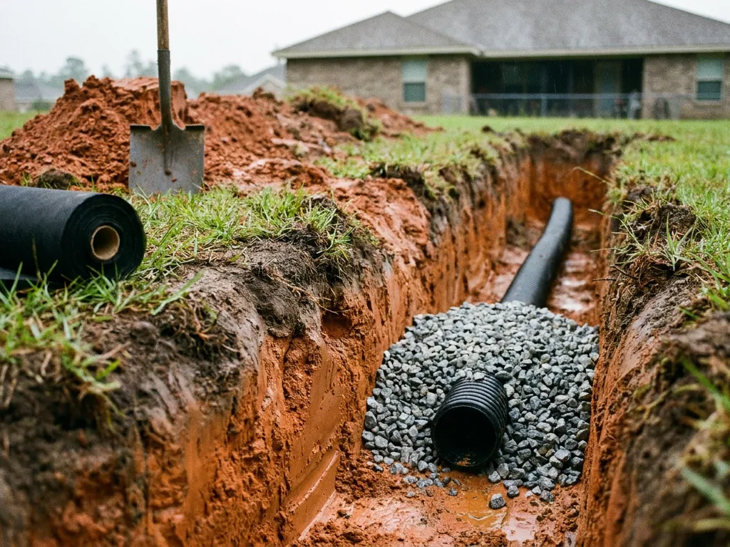 Perforated corrugated drain pipe bedded in washed angular gravel at the bottom of a French drain trench in Tallahassee, FL, with filter fabric at the trench edge