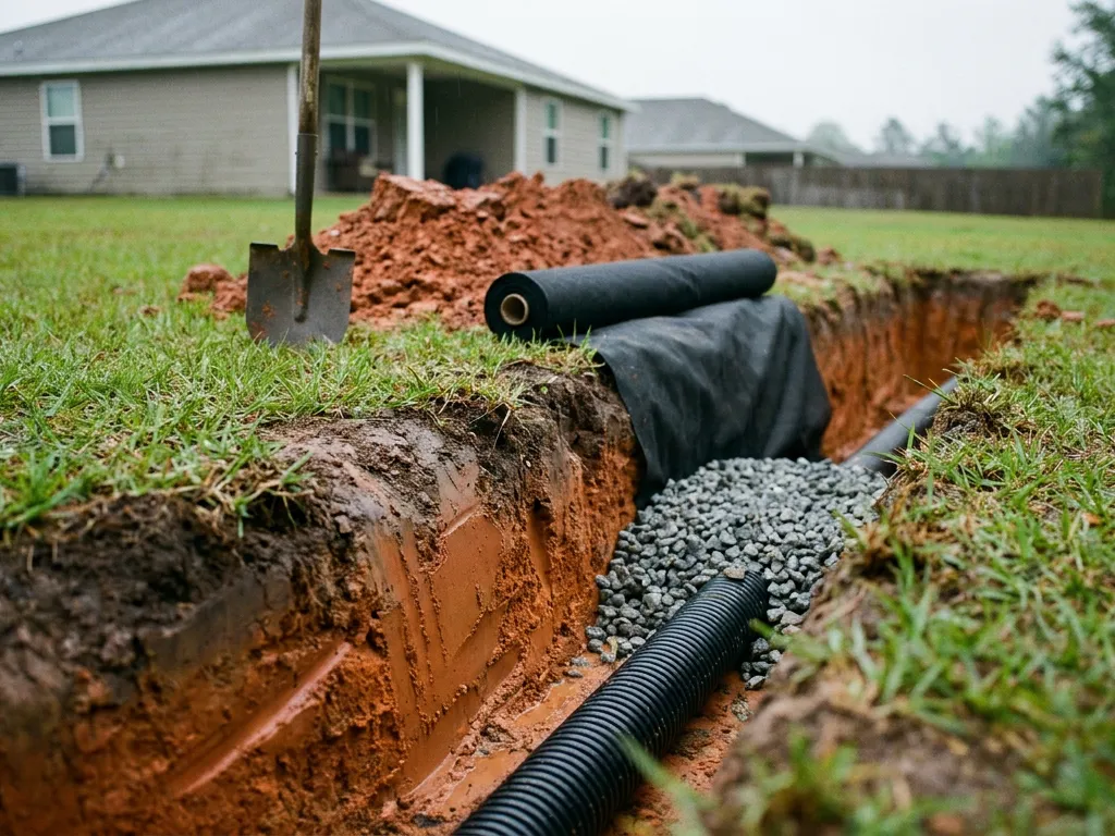 An open French drain trench in a Tallahassee back yard, its cut walls showing dark topsoil over dense orange-red Red Hills clay, with perforated pipe and washed gravel in the bottom