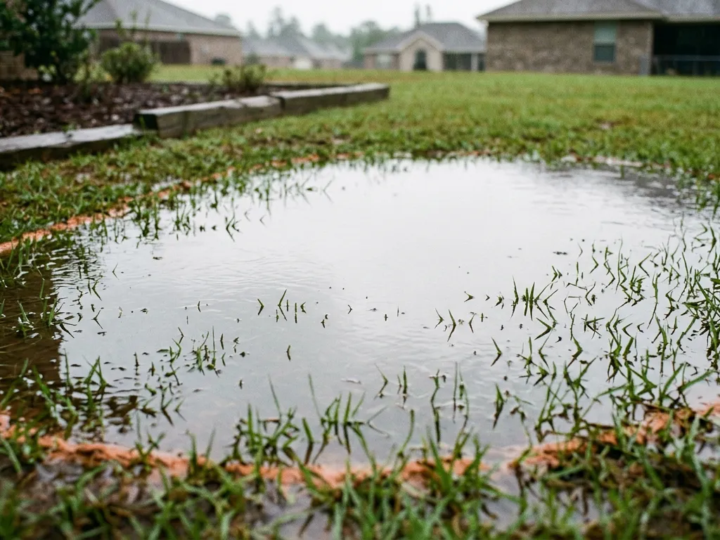 A shallow sheet of standing water across a residential lawn in Tallahassee, FL, two days after rain, with a rim of orange silt at its edge